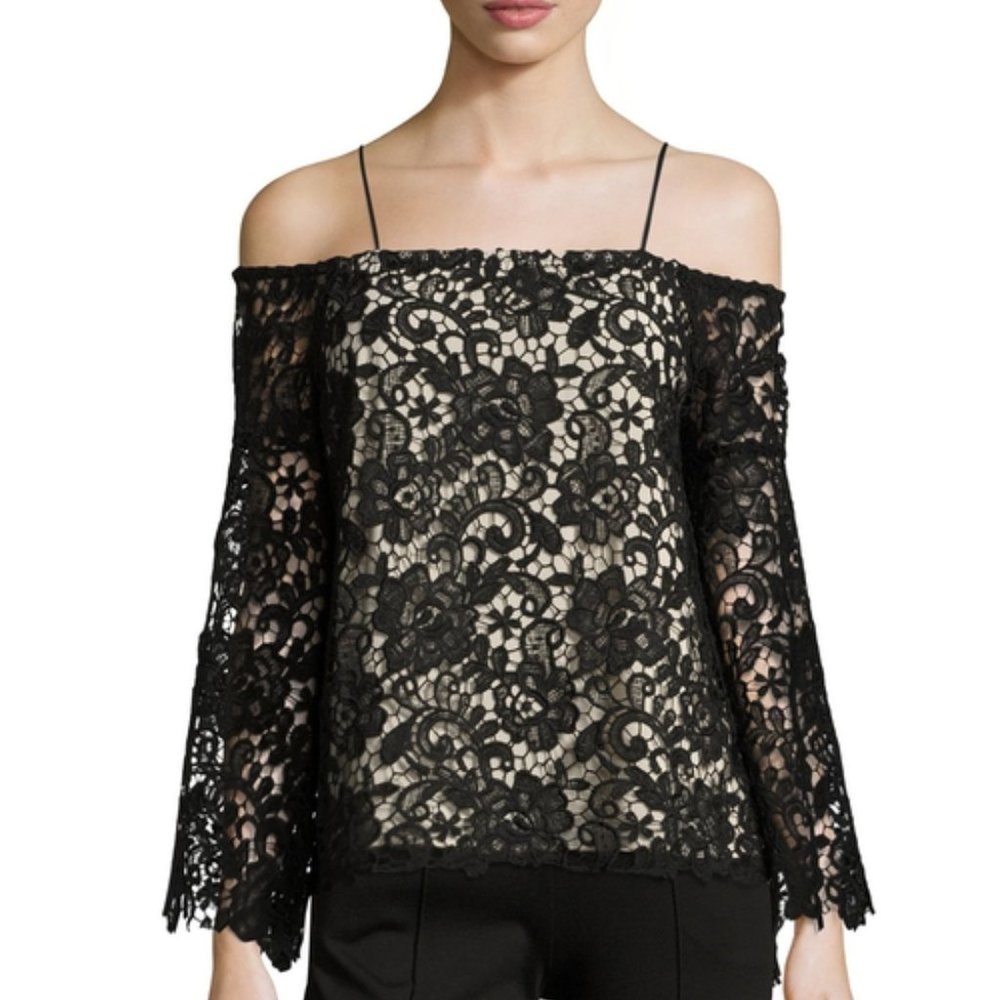 NWT Alice and Olivia Black Floral Lace Off Shoulder Top